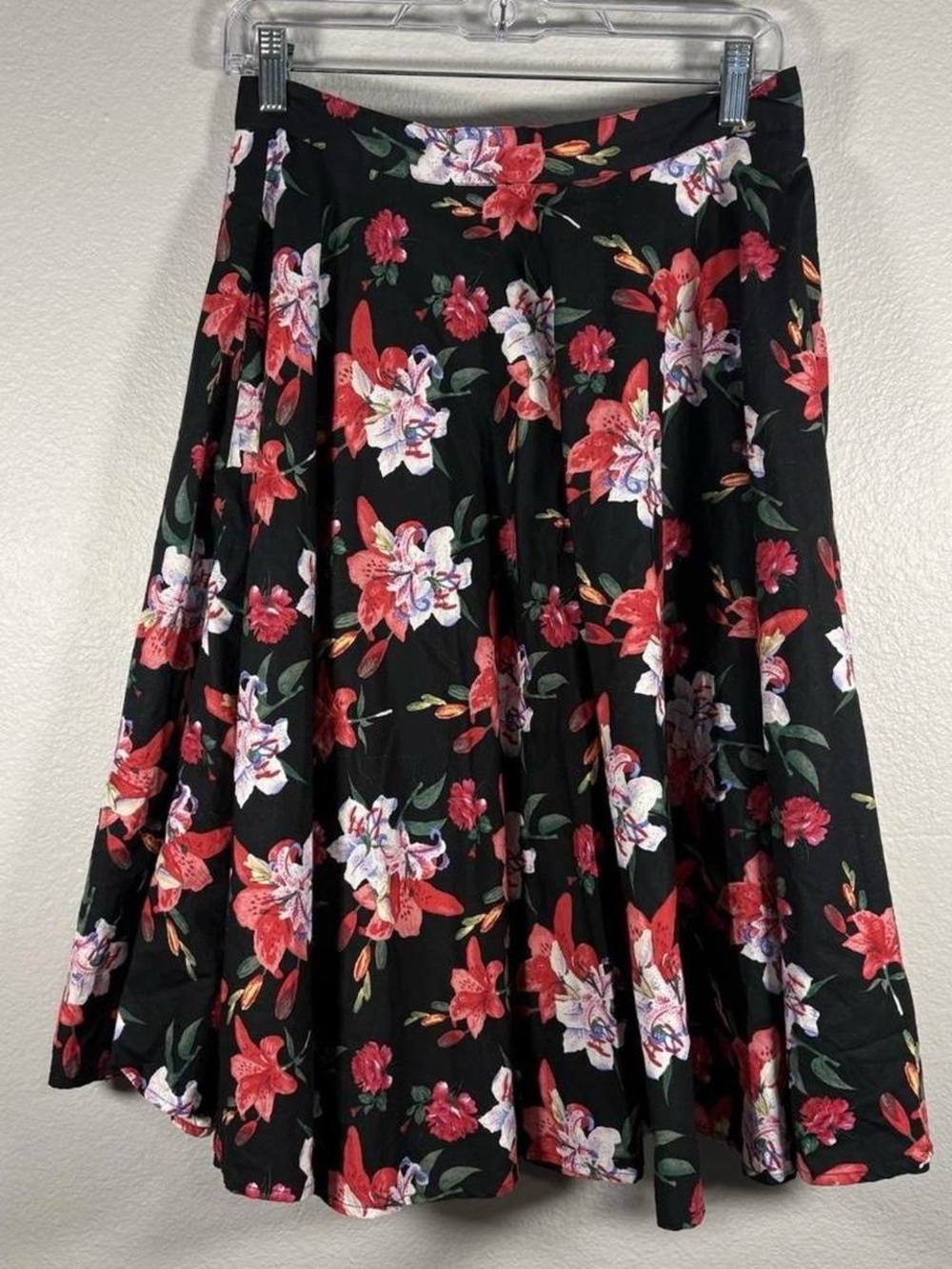 Hell Bunny Black Floral A-Line Skirt with Red, White & Green Bloom Print
